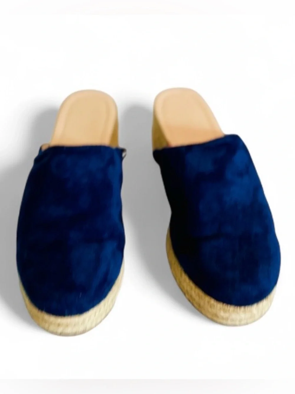 Navy Blue Suede Espadrilles Wedge Mules Closed Toe Slides Platform Boho Size 9.5
